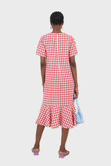 Red gingham V neck tiered ruffle maxi dress