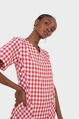 Red gingham V neck tiered ruffle maxi dress