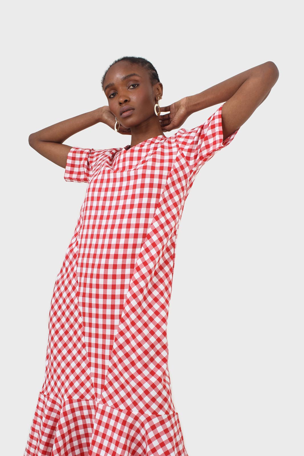 Red gingham V neck tiered ruffle maxi dress