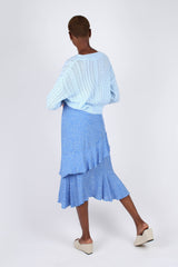 Blue and white dots tiered ruffle midi skirt