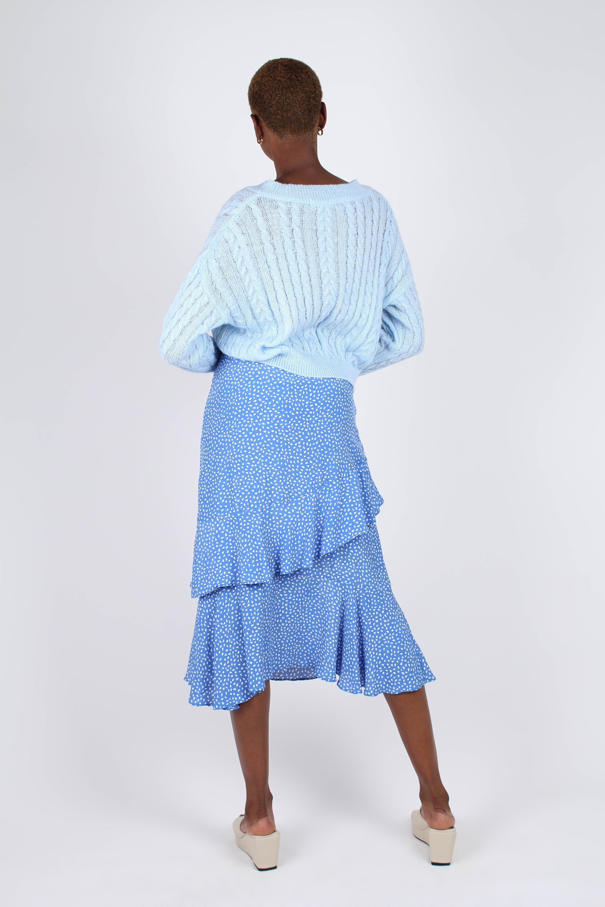 Blue and white dots tiered ruffle midi skirt