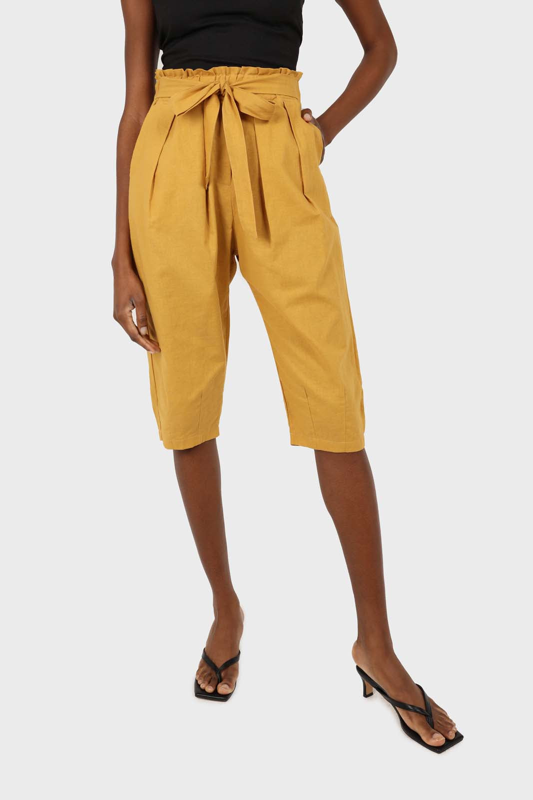 Yellow belted loose fit midi trousers