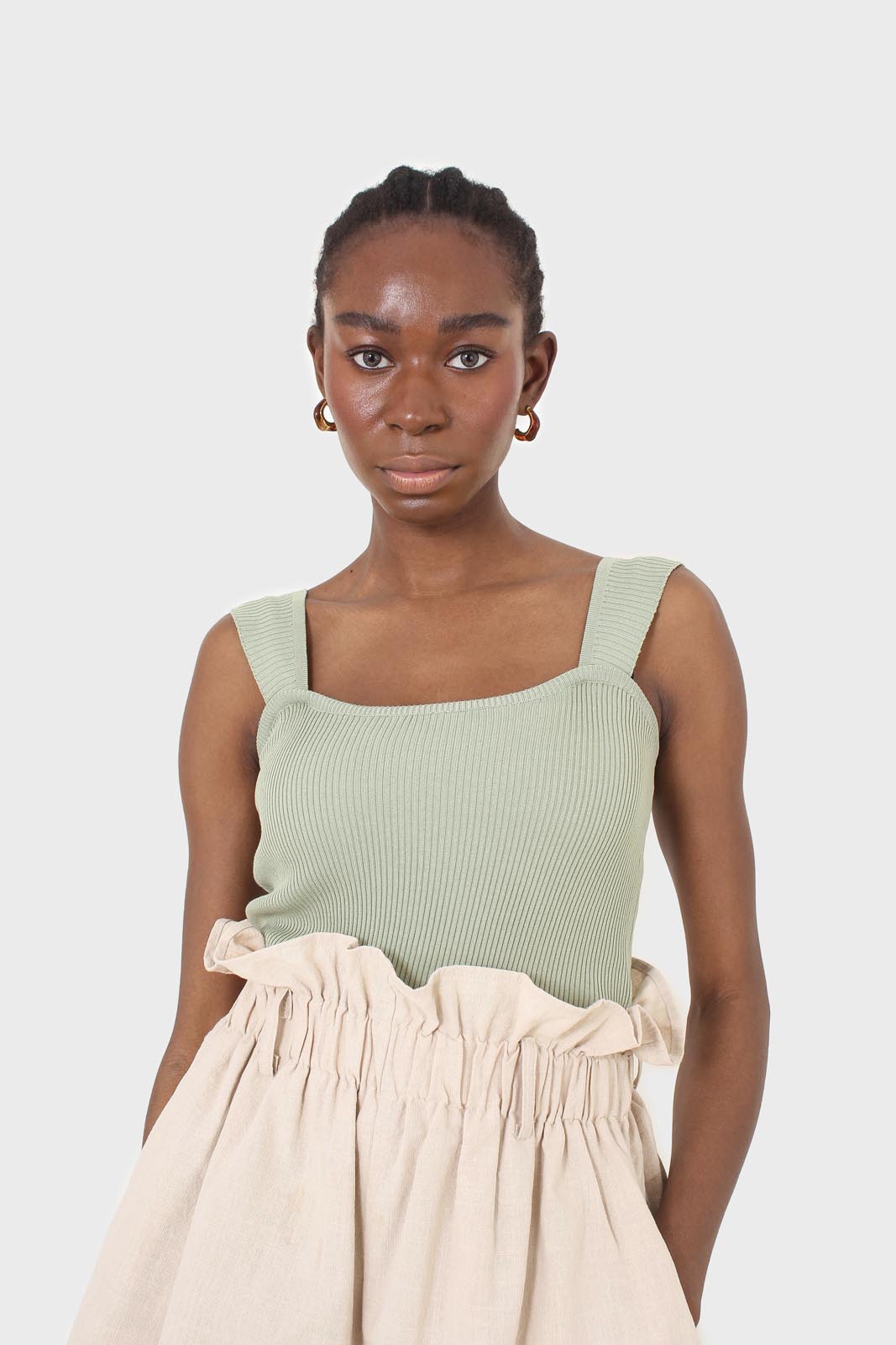 Beige belted wide leg linen shorts
