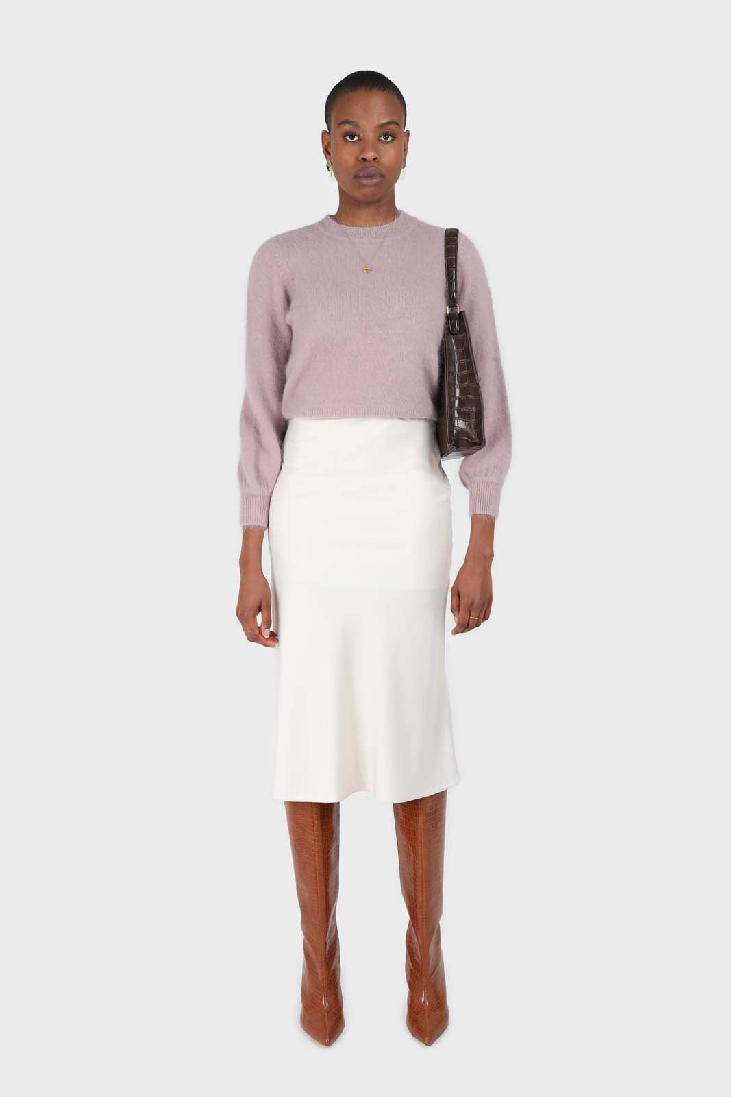Beige satin flare silky midi skirt