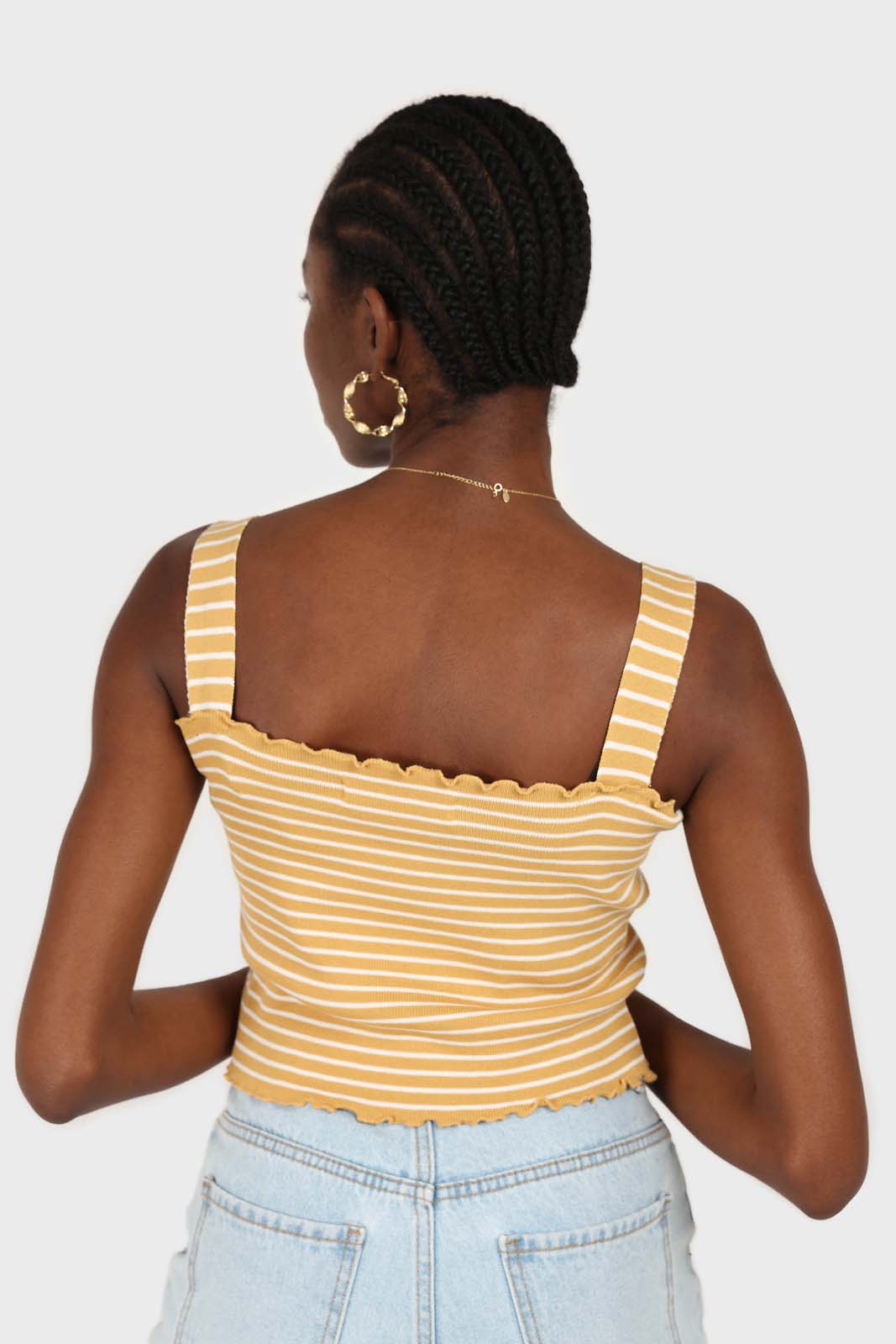 Yellow and white striped frill trim knit tank