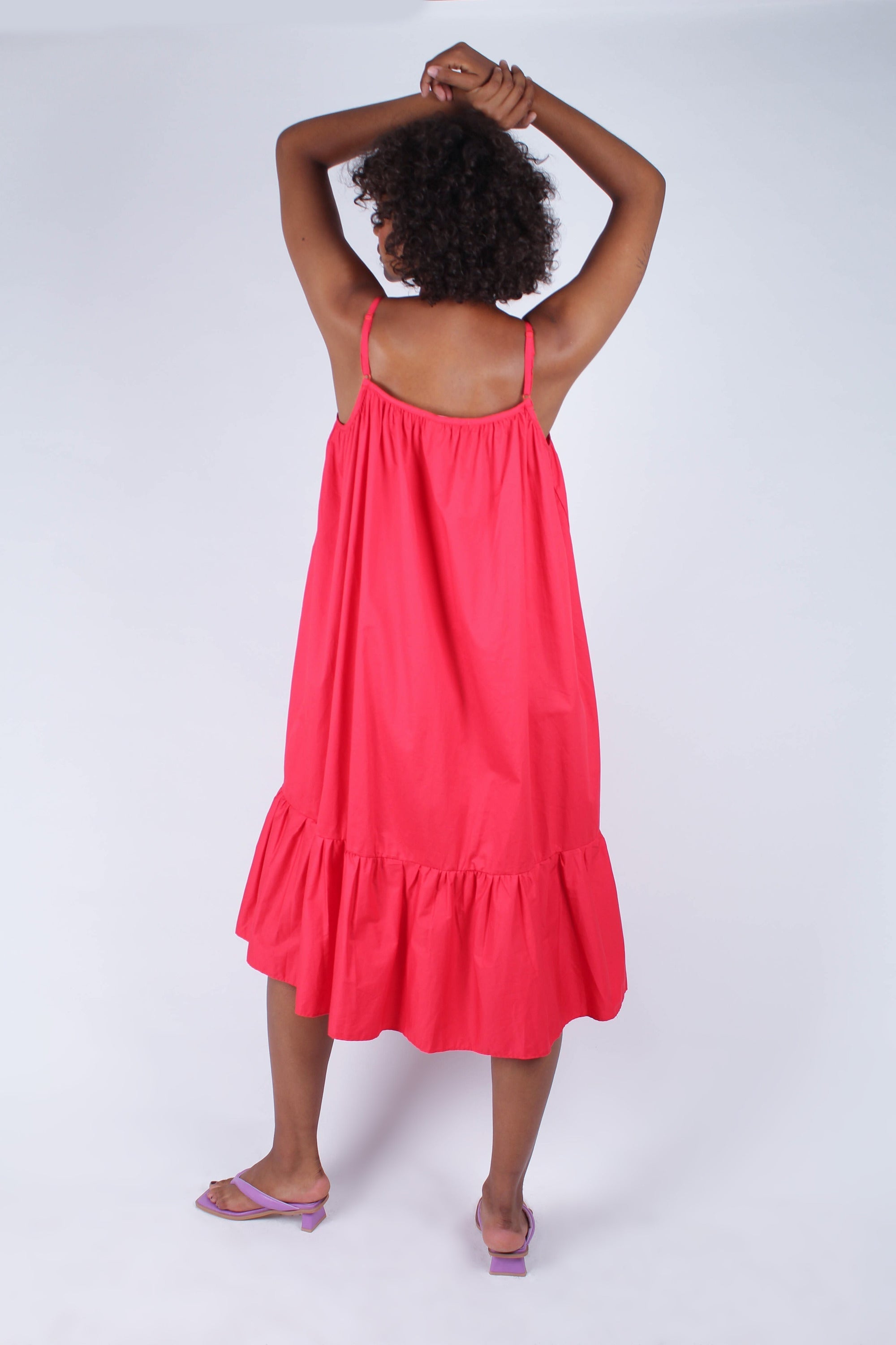 Red large ruffle hem rope belted dress