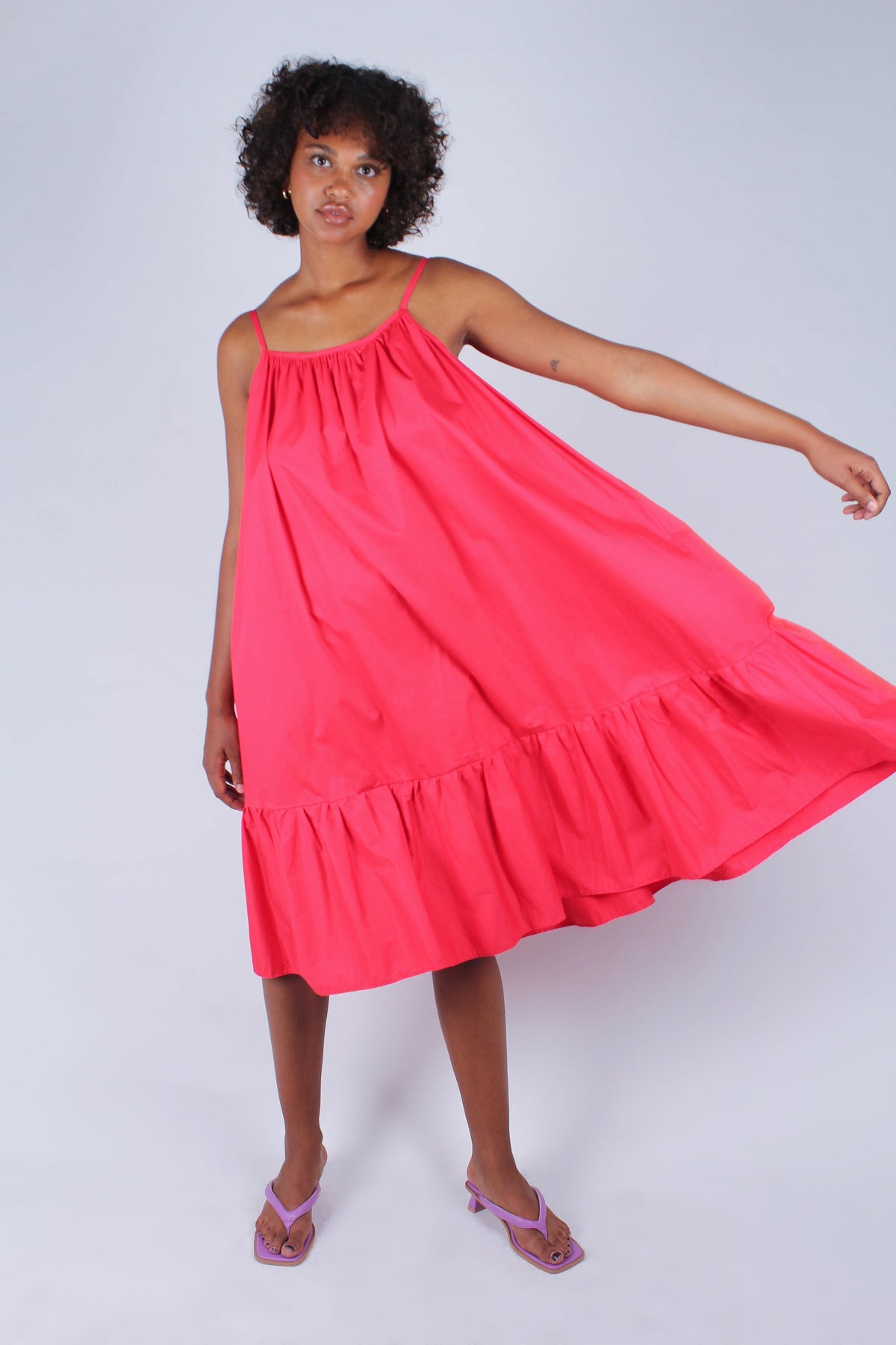 Red large ruffle hem rope belted dress