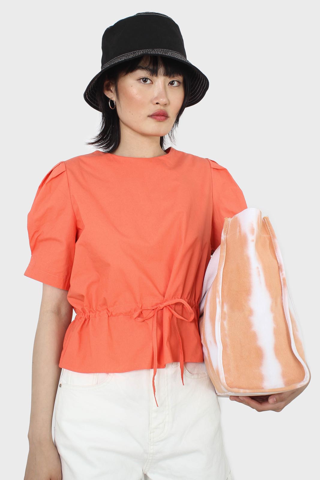 Orange drawstring waist puff short sleeved top