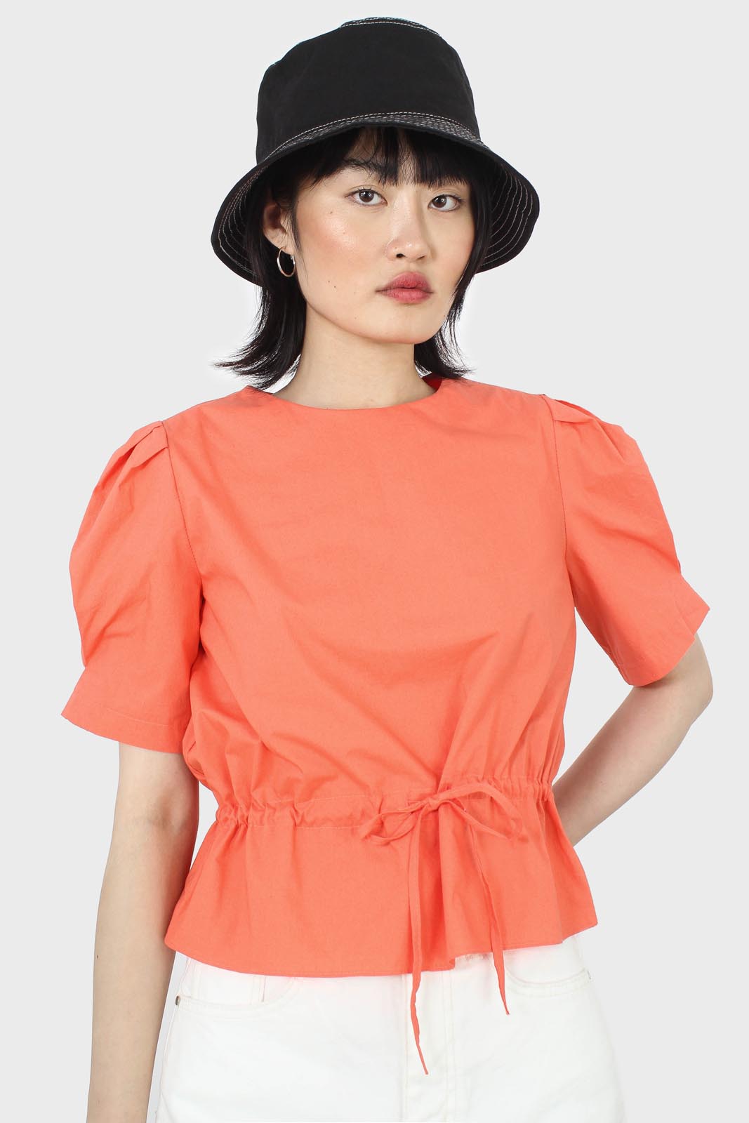 Orange drawstring waist puff short sleeved top