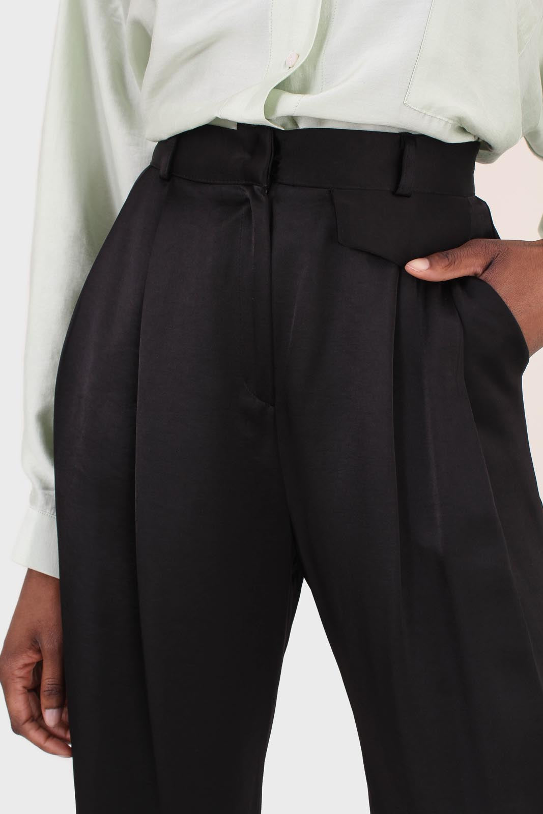 Black flap pocket satin wide leg trousers