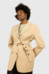 Beige flap pocket long belted blazer