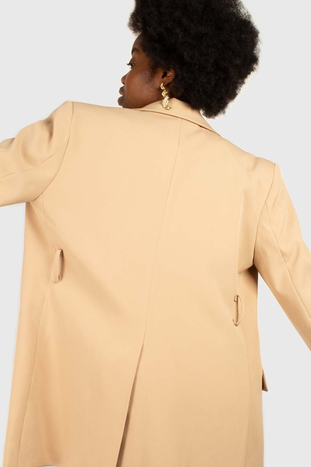 Beige flap pocket long belted blazer
