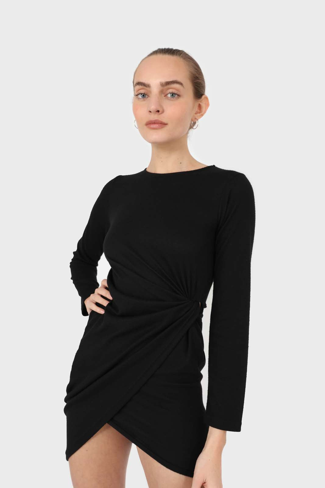 Black twist side fitted jersey mini dress