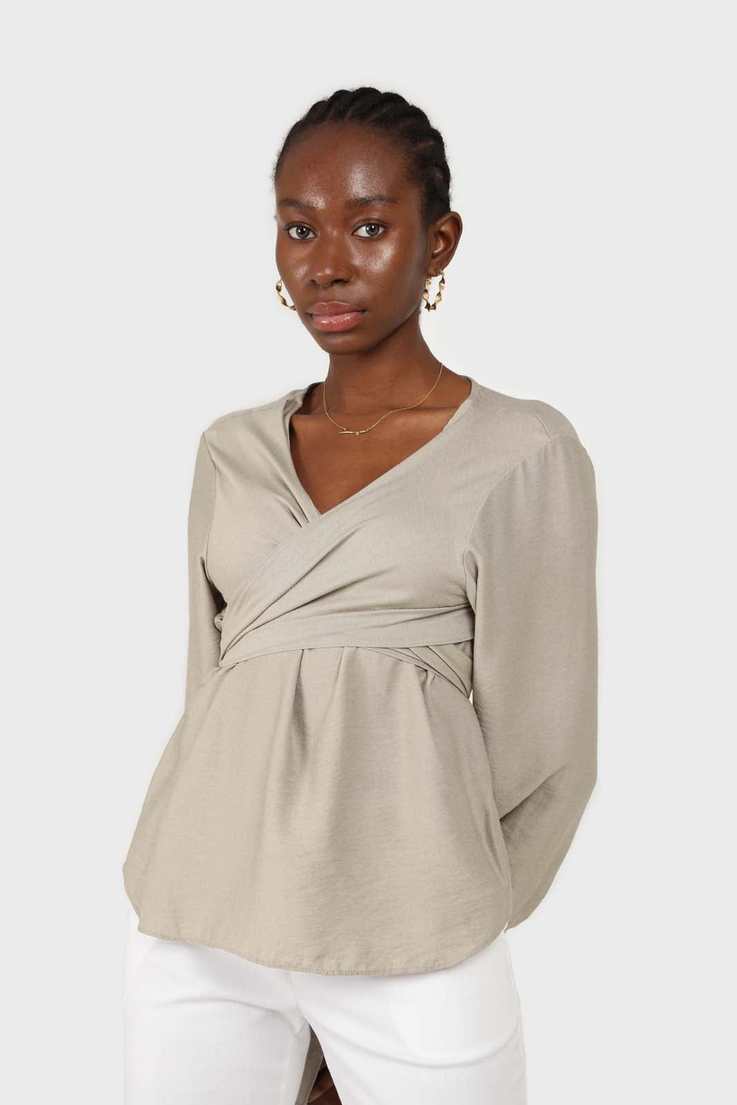Khaki wrap tie waist cropped blouse