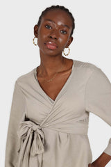 Khaki wrap tie waist cropped blouse