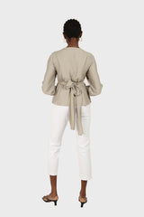 Khaki wrap tie waist cropped blouse