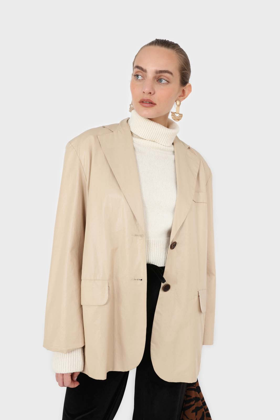 Beige vegan leather flap pocket oversized blazer