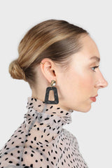 Gold and black vegan leather square drop earrings