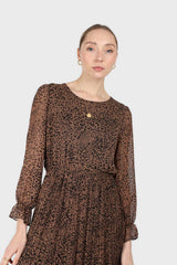 Camel animal print silky micro pleat long sleeved maxi dress