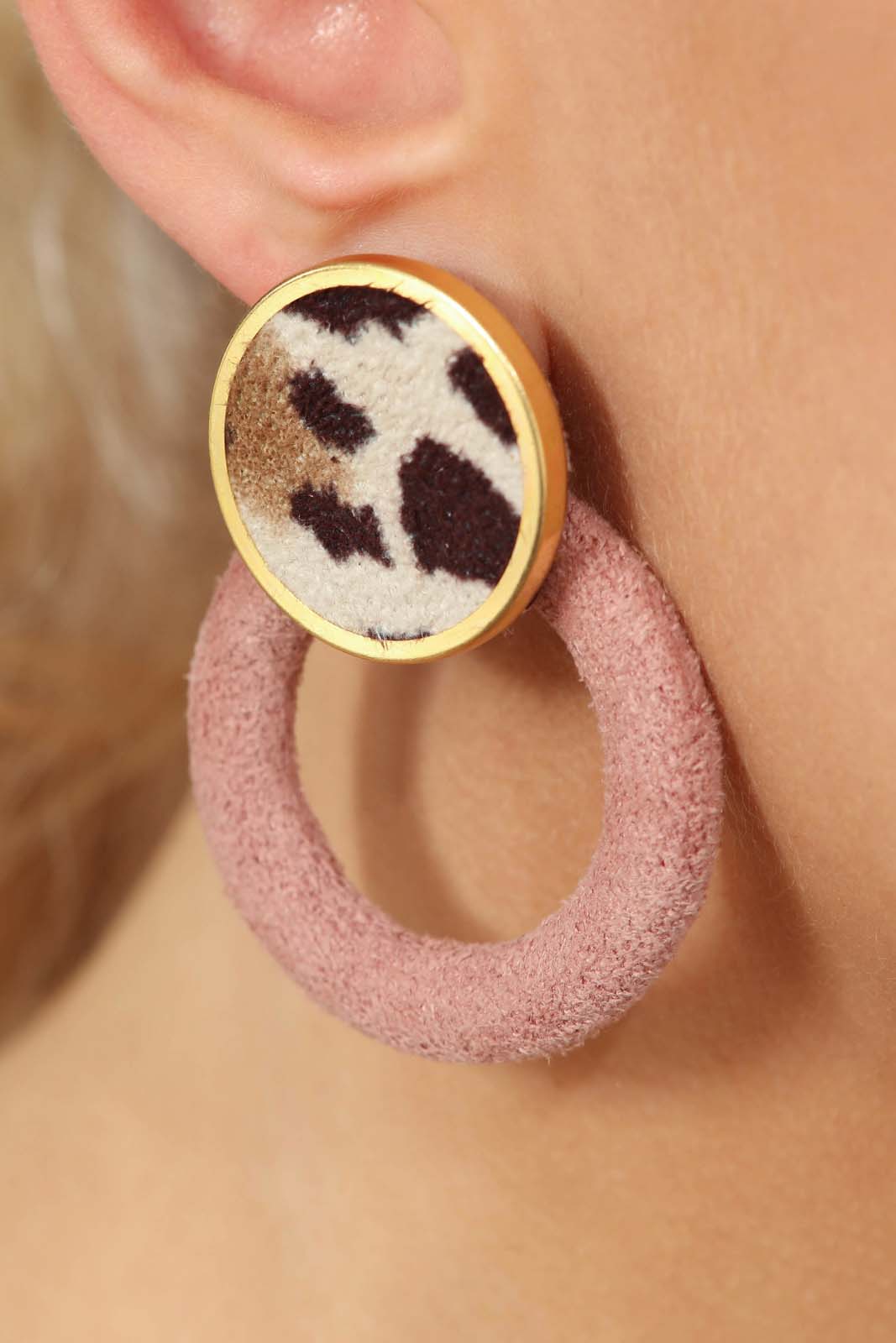 Dusty pink hoop and ivory leopard print circle earrings