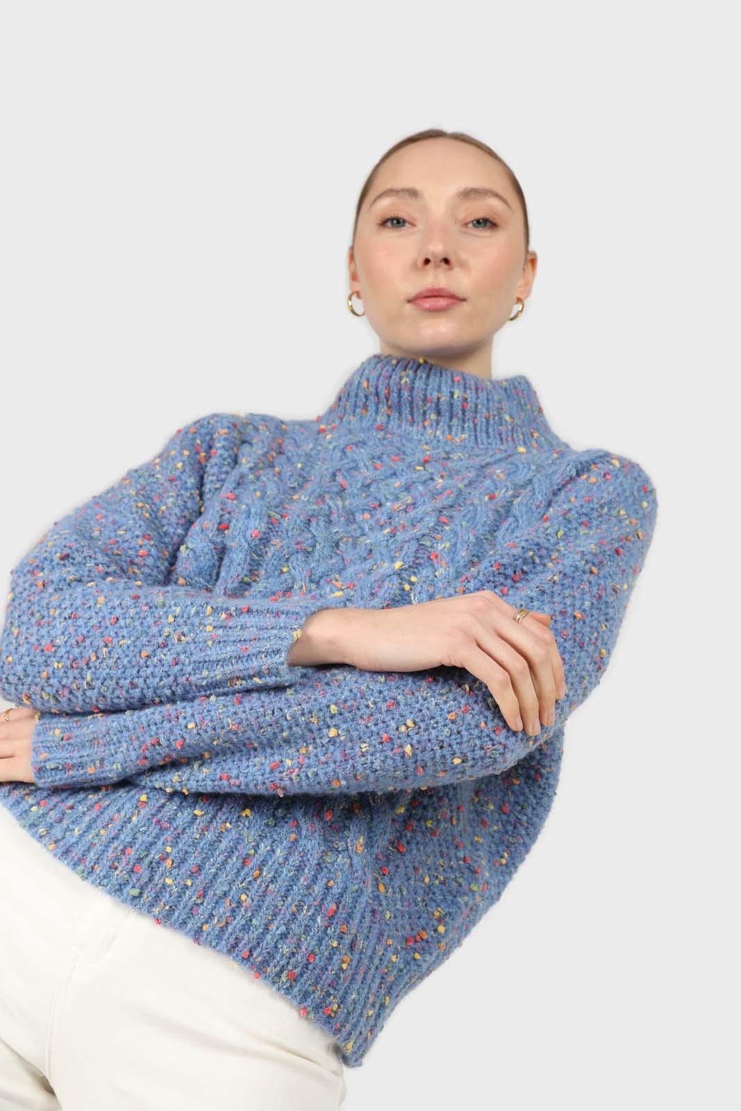 Blue rainbow fleck mock neck jumper
