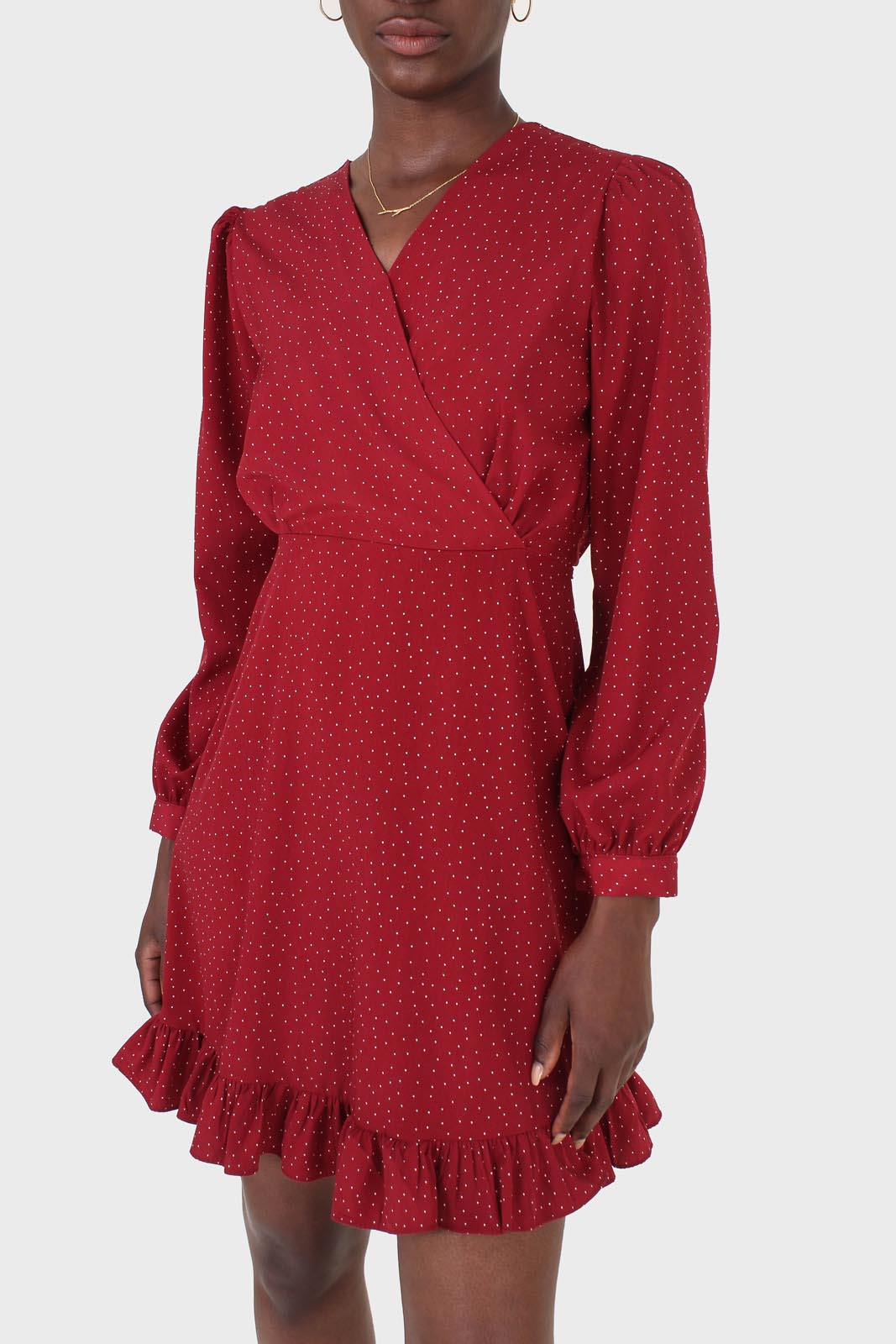 Red polka dot wrap front long sleeved mini dress