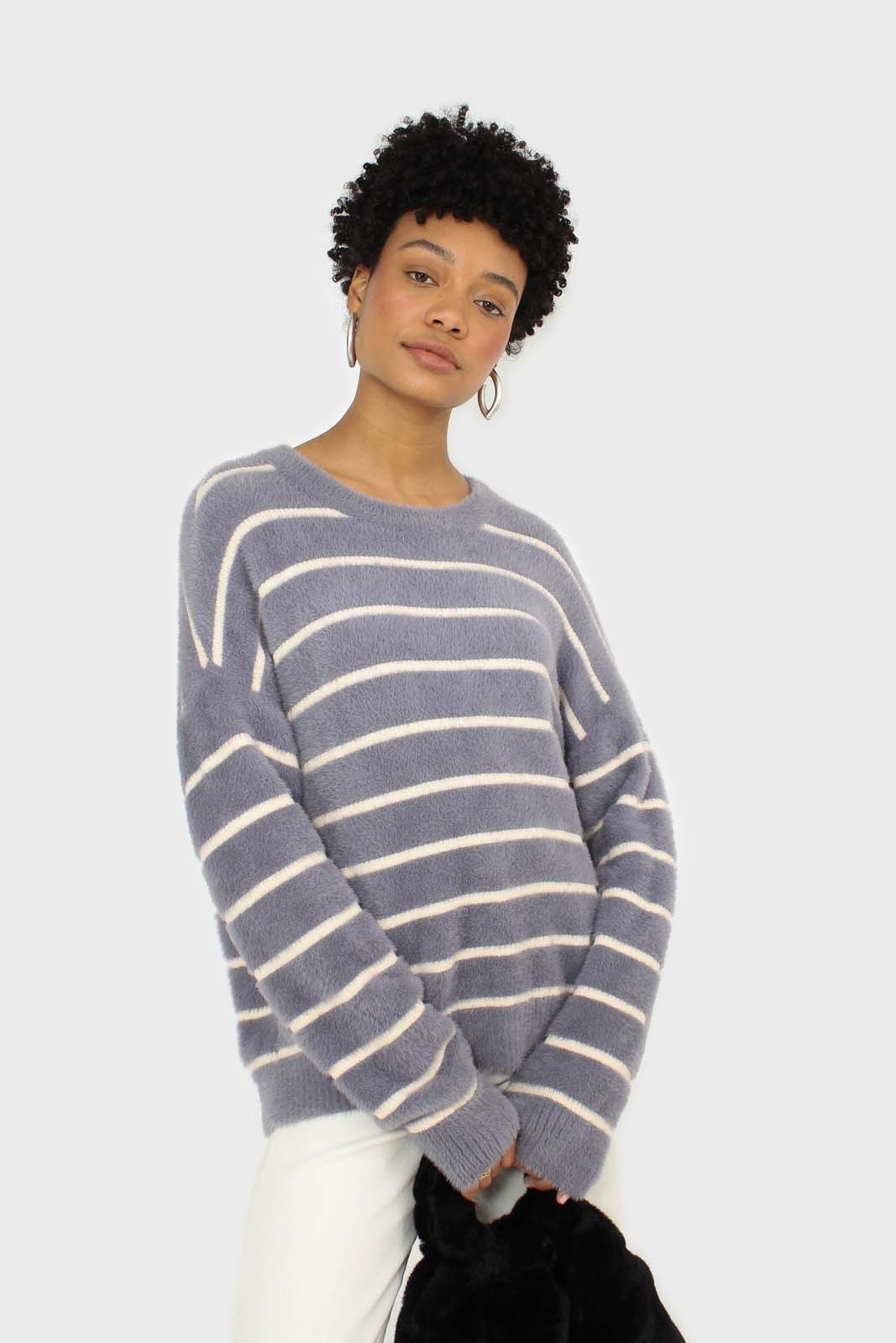 Blue and white striped fuzzy jumper