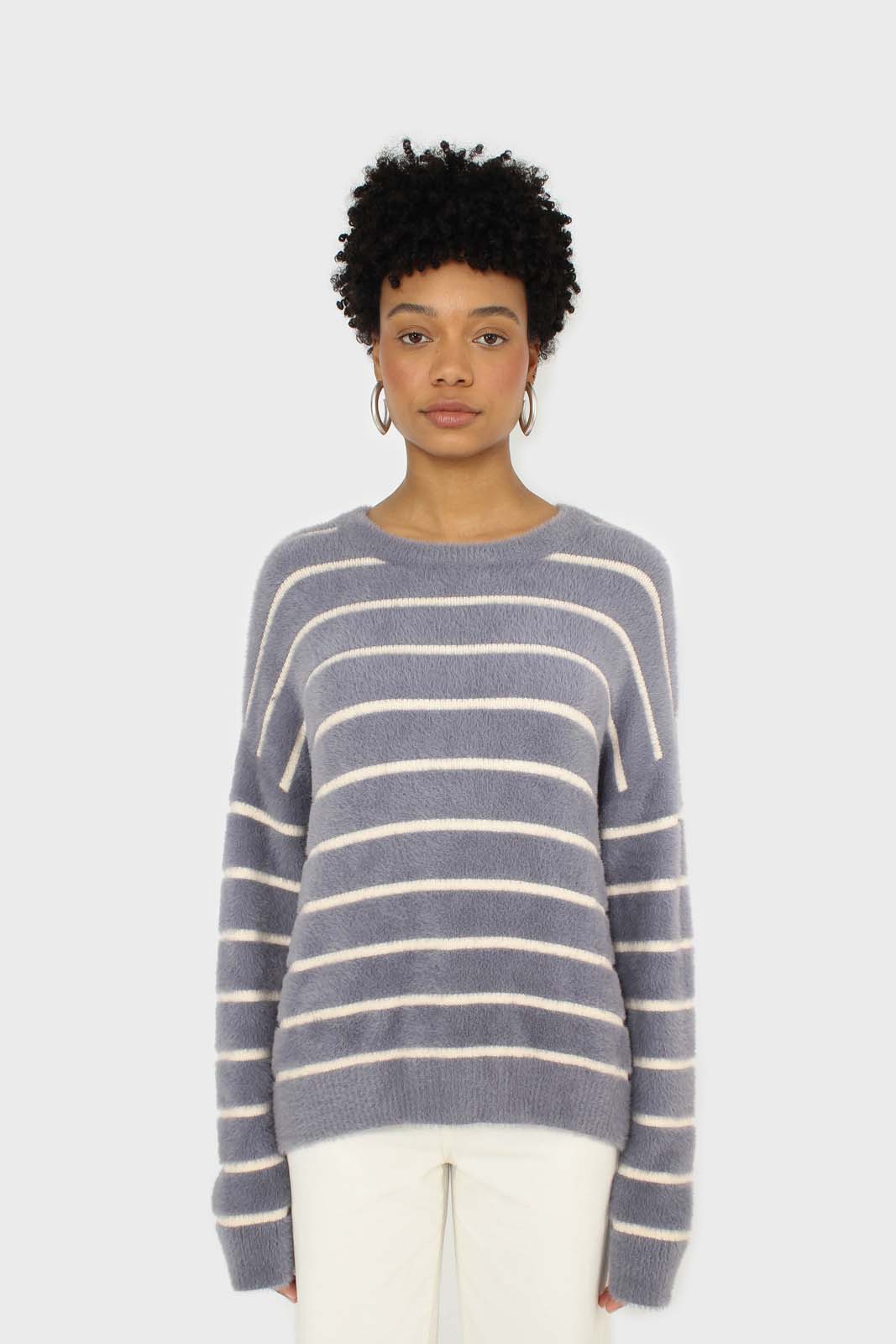 Blue and white striped fuzzy jumper