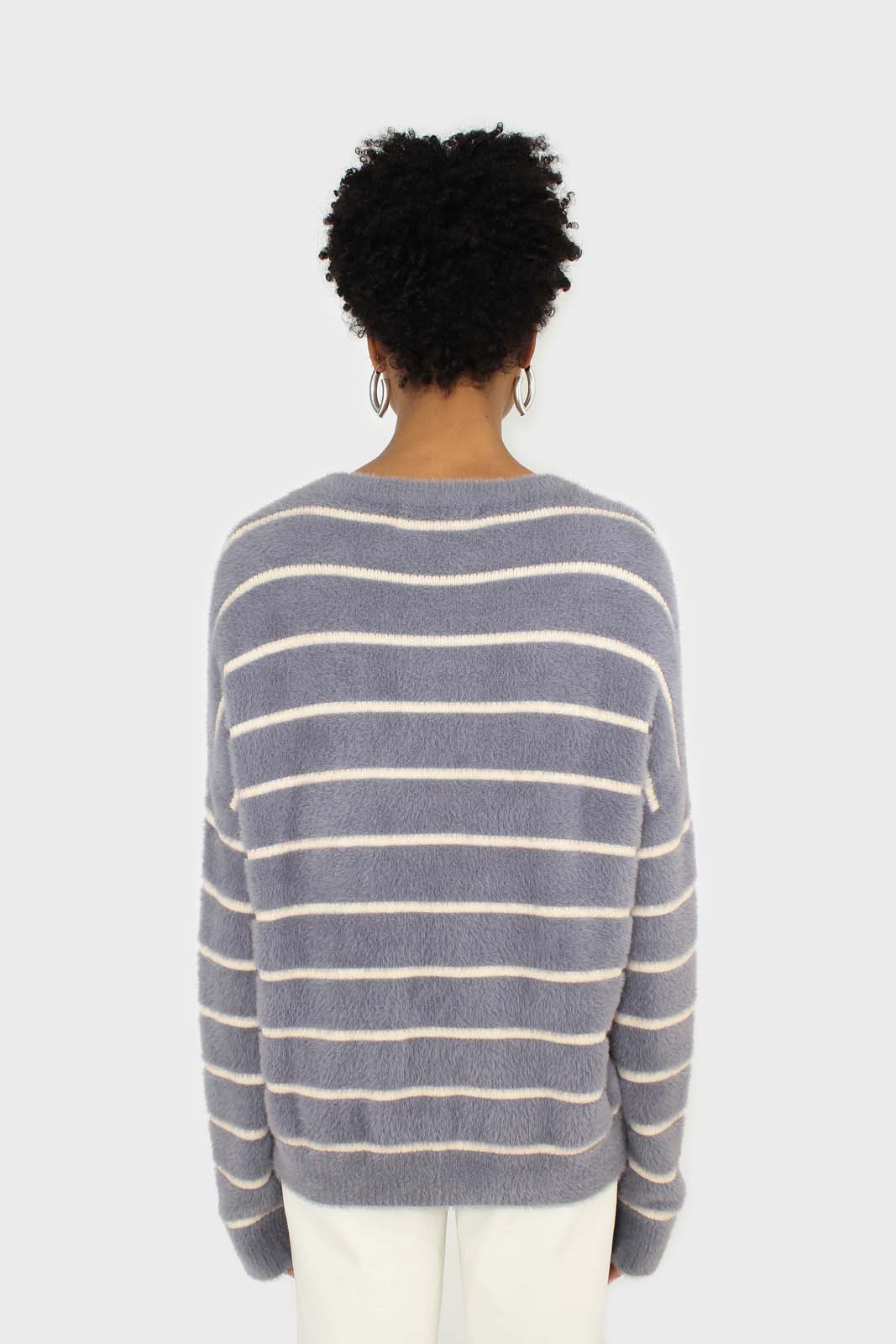 Blue and white striped fuzzy jumper