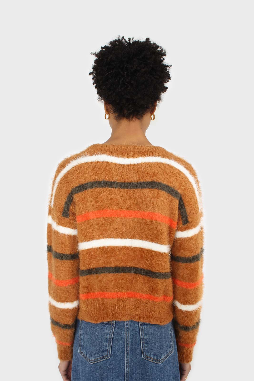 Brown and orange multi striped fuzzy jumper