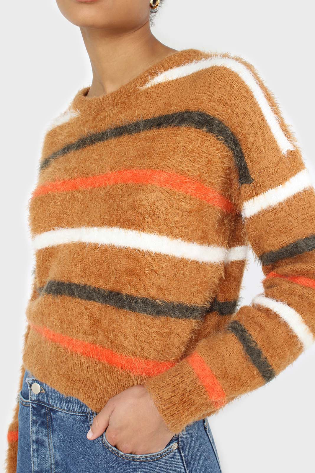 Brown and orange multi striped fuzzy jumper