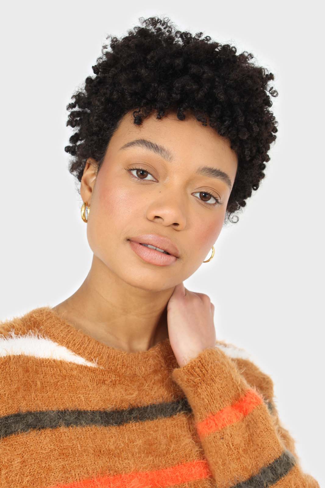 Brown and orange multi striped fuzzy jumper