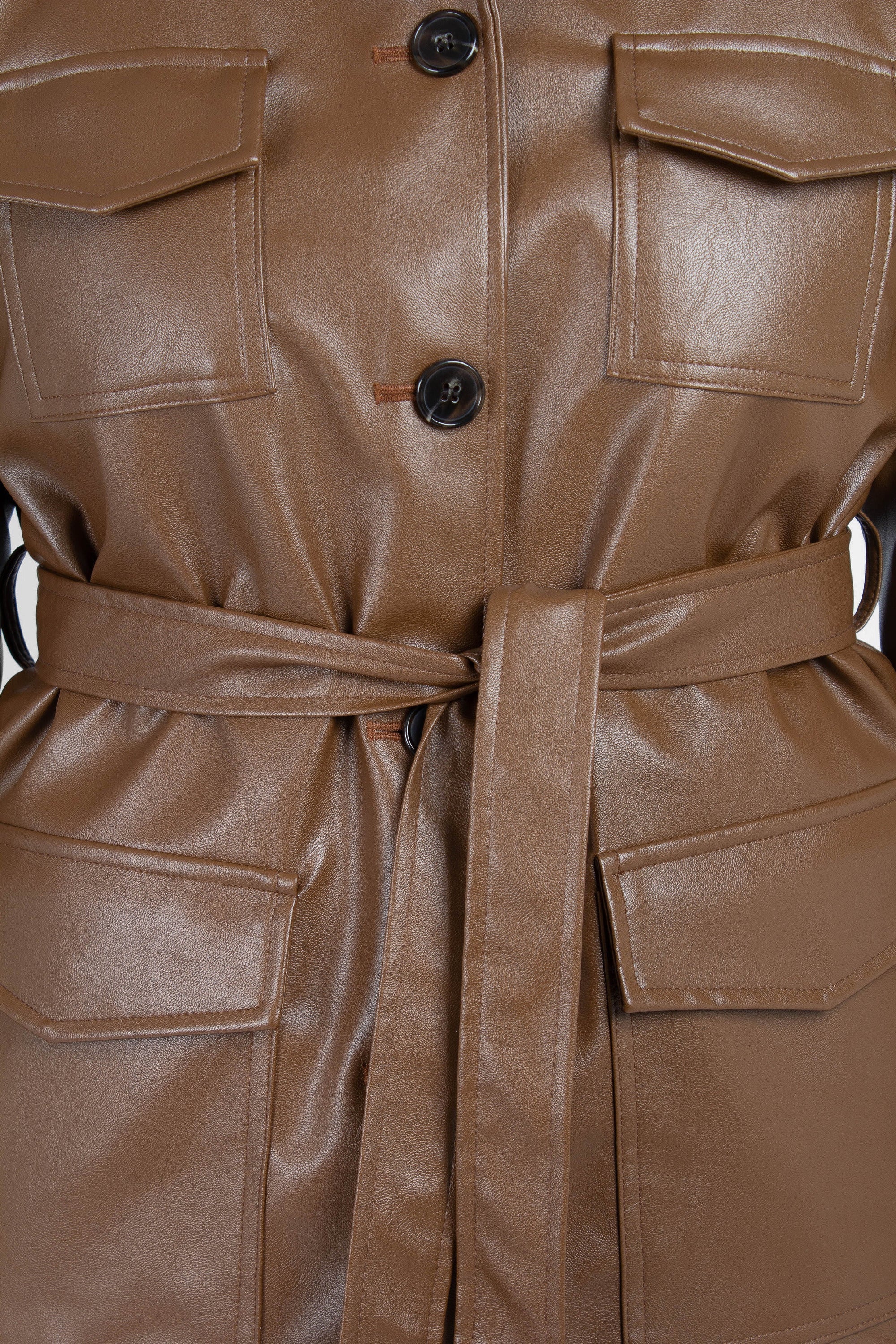 Brown vegan leather belted half long jacket