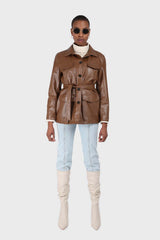 Brown vegan leather belted half long jacket