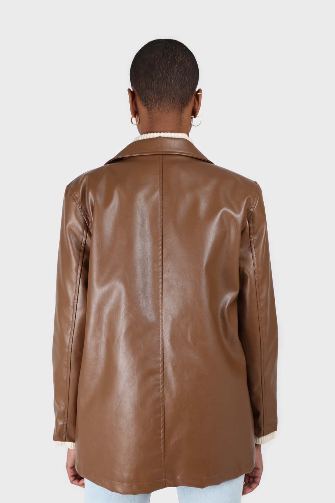 Brown vegan leather belted half long jacket