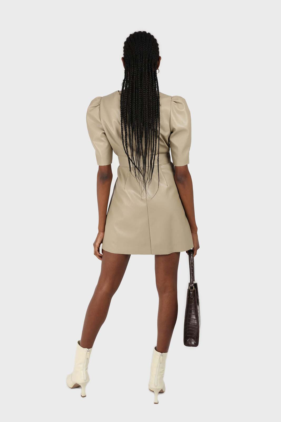 Beige vegan leather belted mini dress