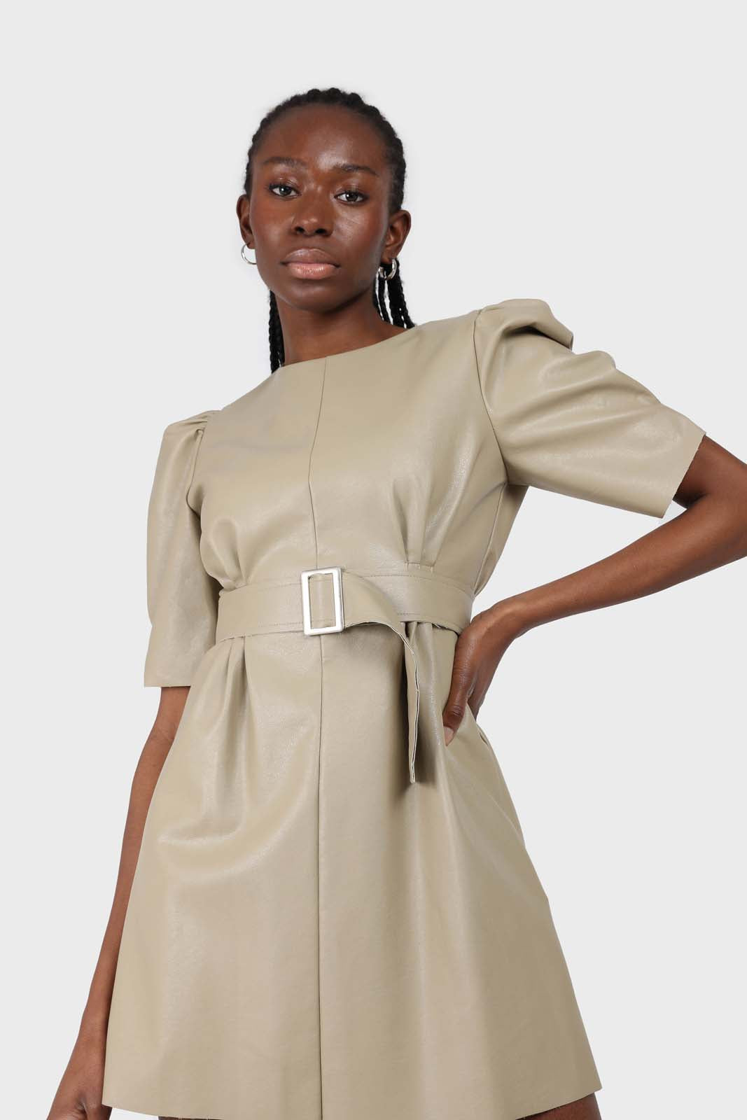 Beige vegan leather belted mini dress