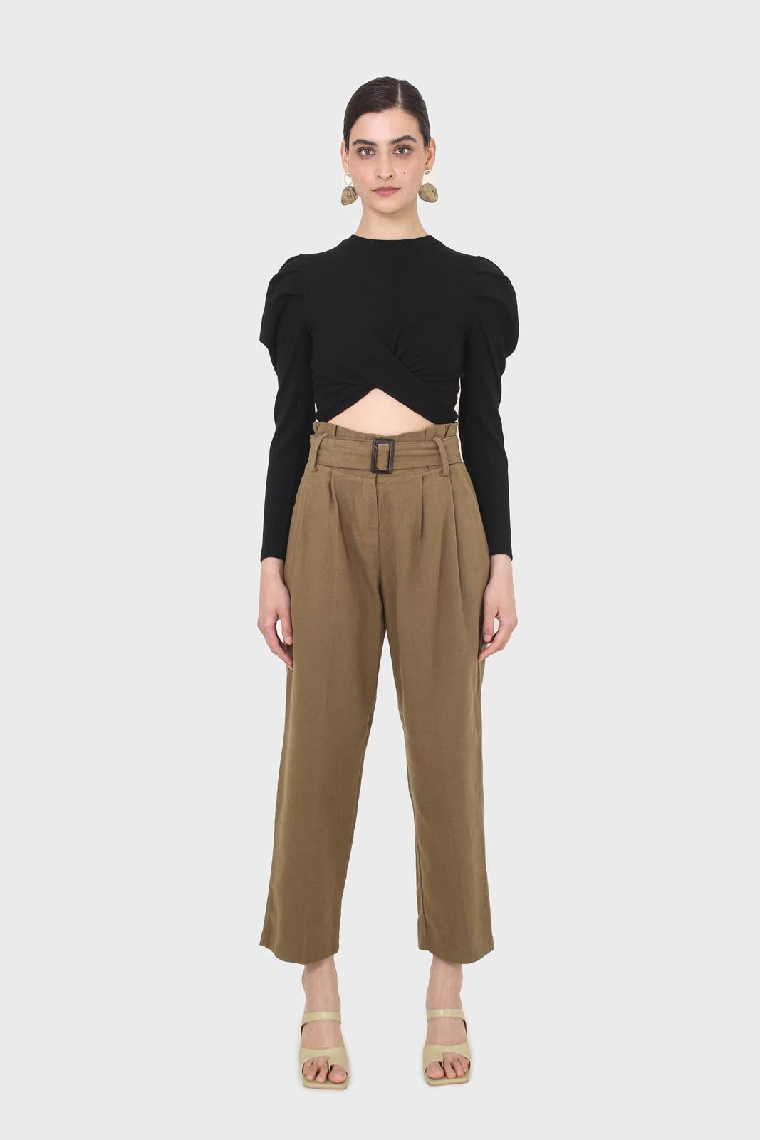 Khaki tuck belted loose fit trousers
