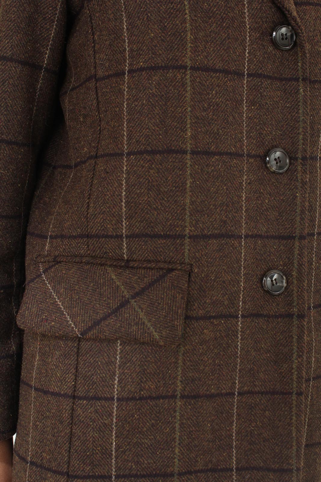Brown large plaid wool belted half coat