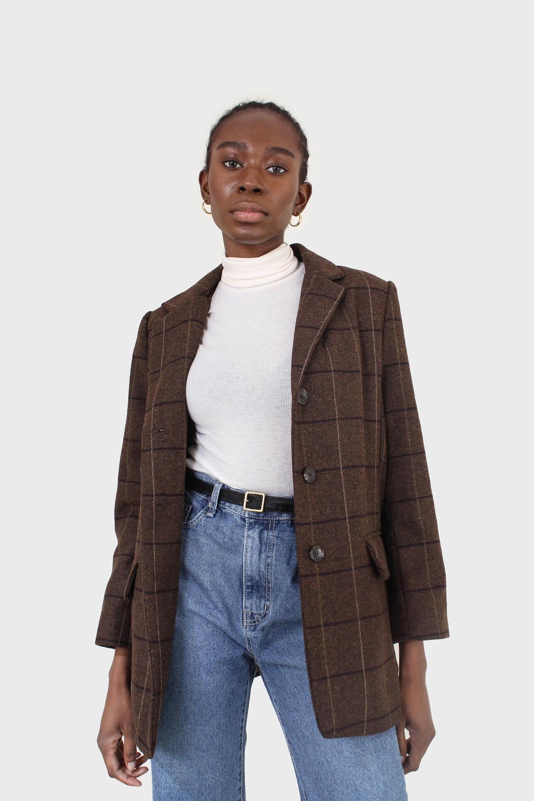 Brown large plaid wool belted half coat