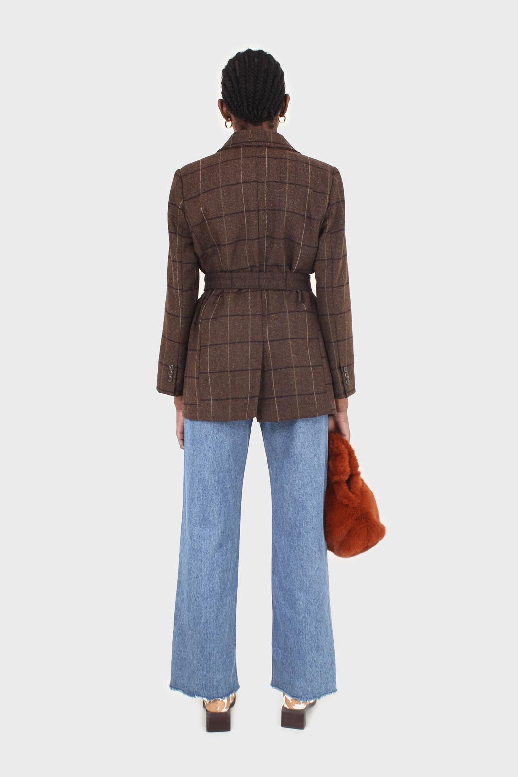 Brown large plaid wool belted half coat