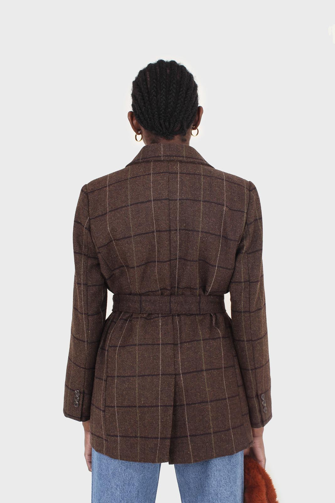 Brown large plaid wool belted half coat