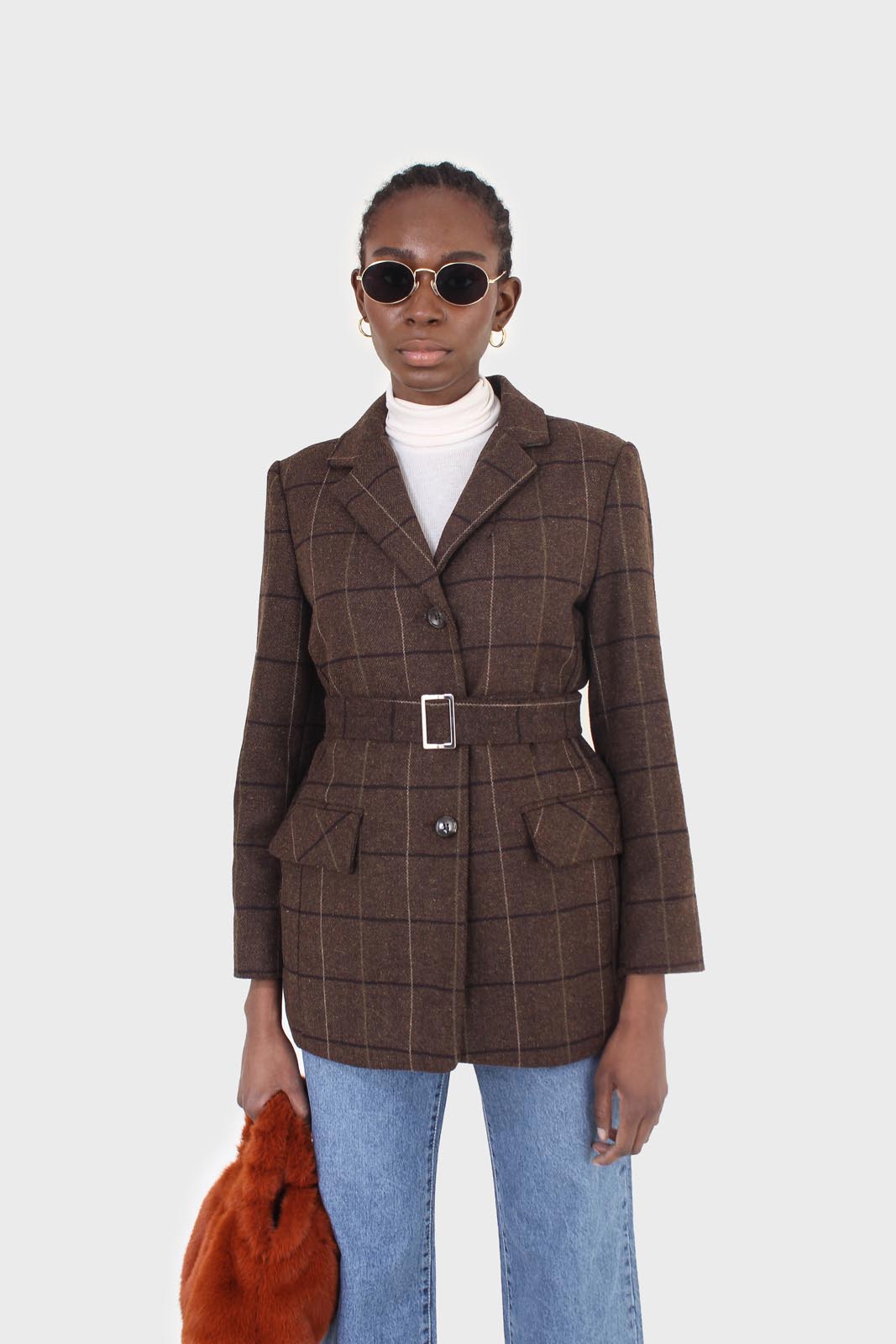 Brown large plaid wool belted half coat