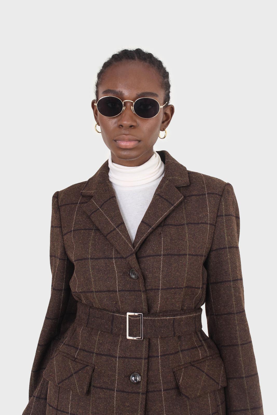 Brown large plaid wool belted half coat