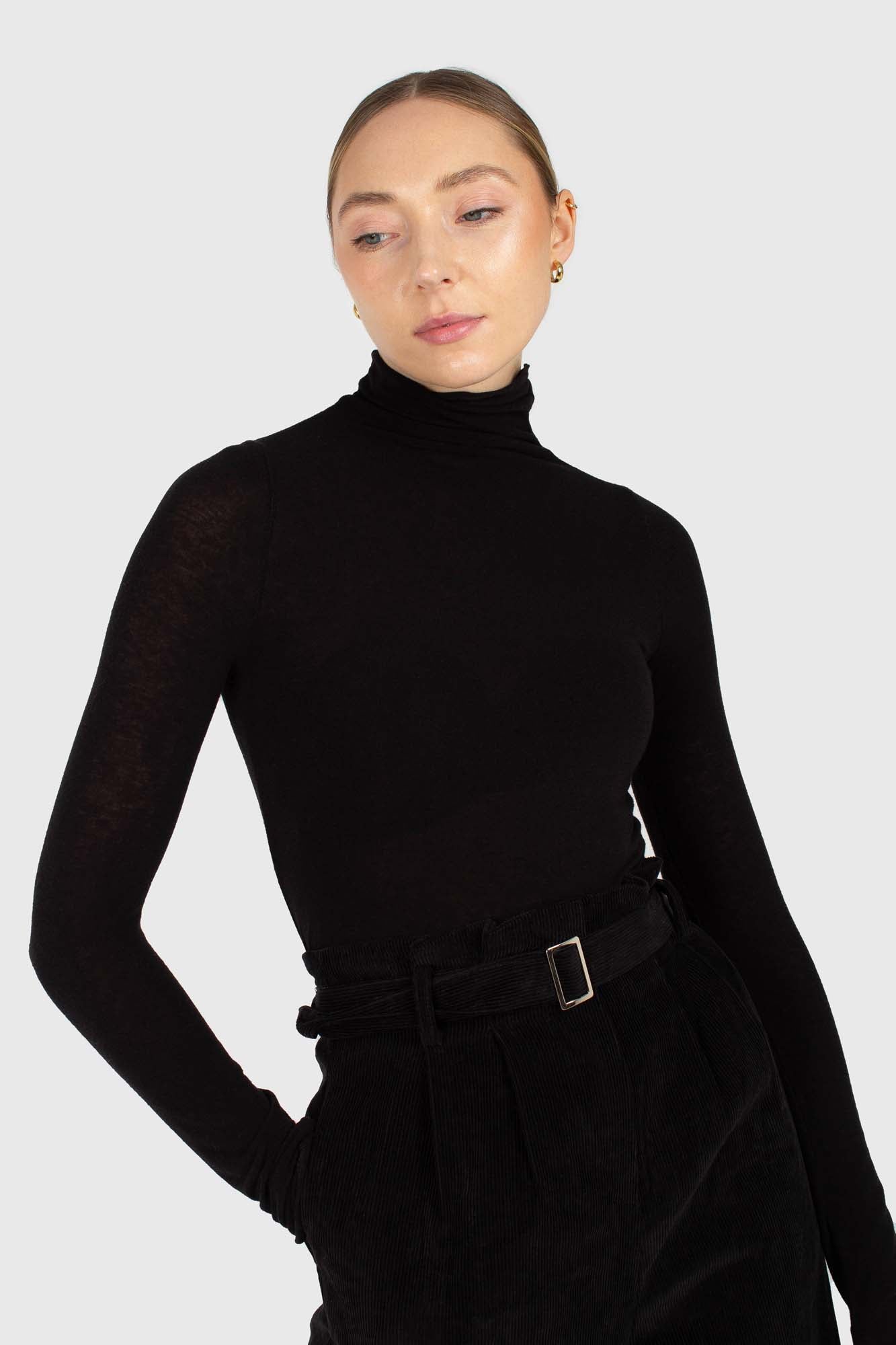Black soft thin turtleneck jersey top