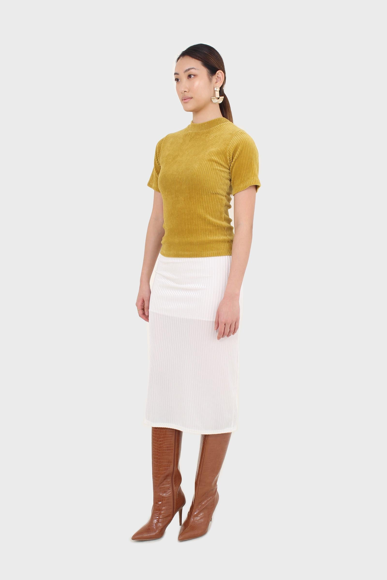 Ivory ribbed velvet midi pencil skirt