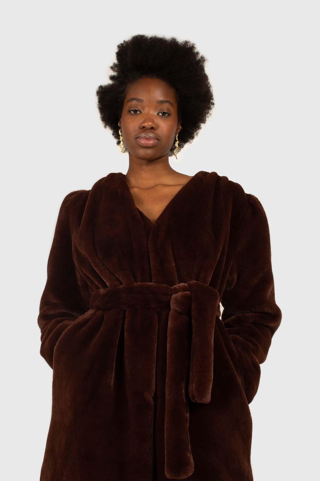 Brown vegan mink belted half coat
