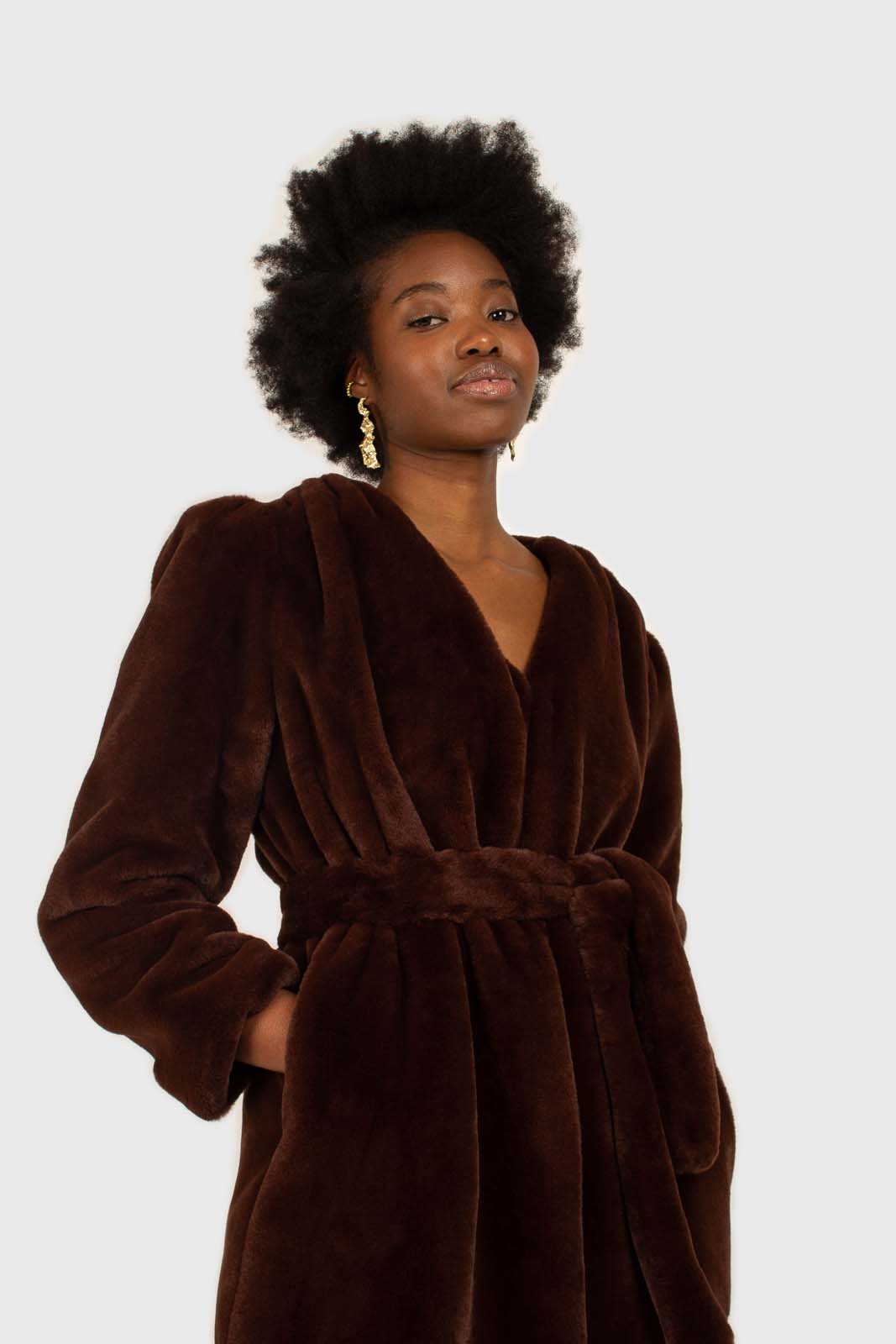 Brown vegan mink belted half coat