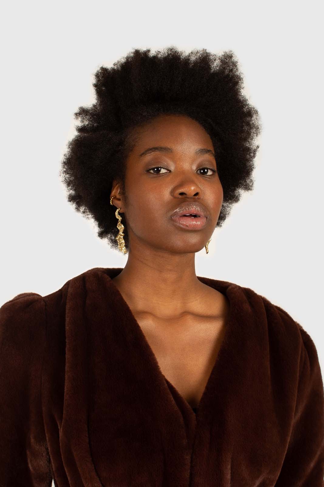 Brown vegan mink belted half coat