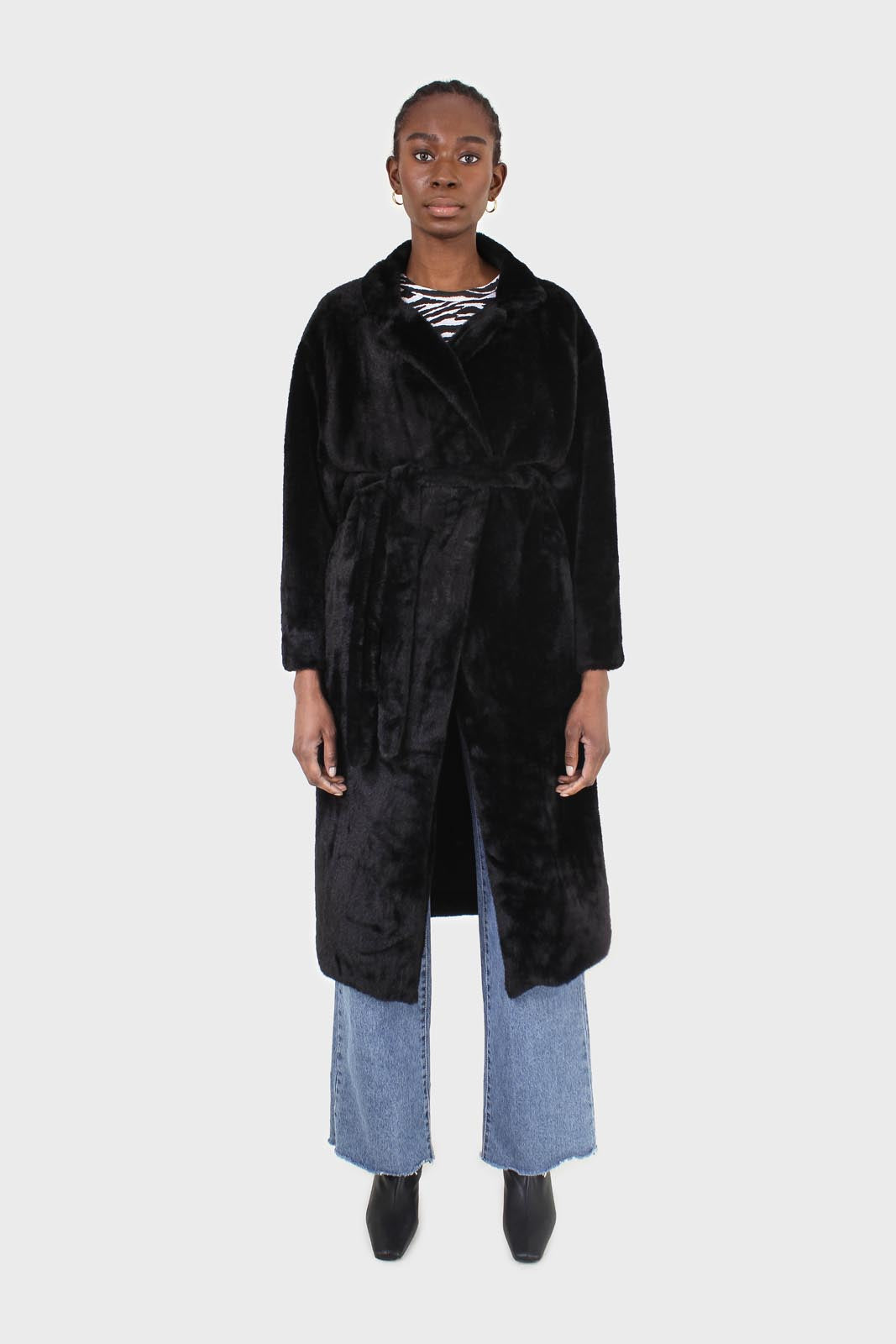 Black faux mink fur belted long coat